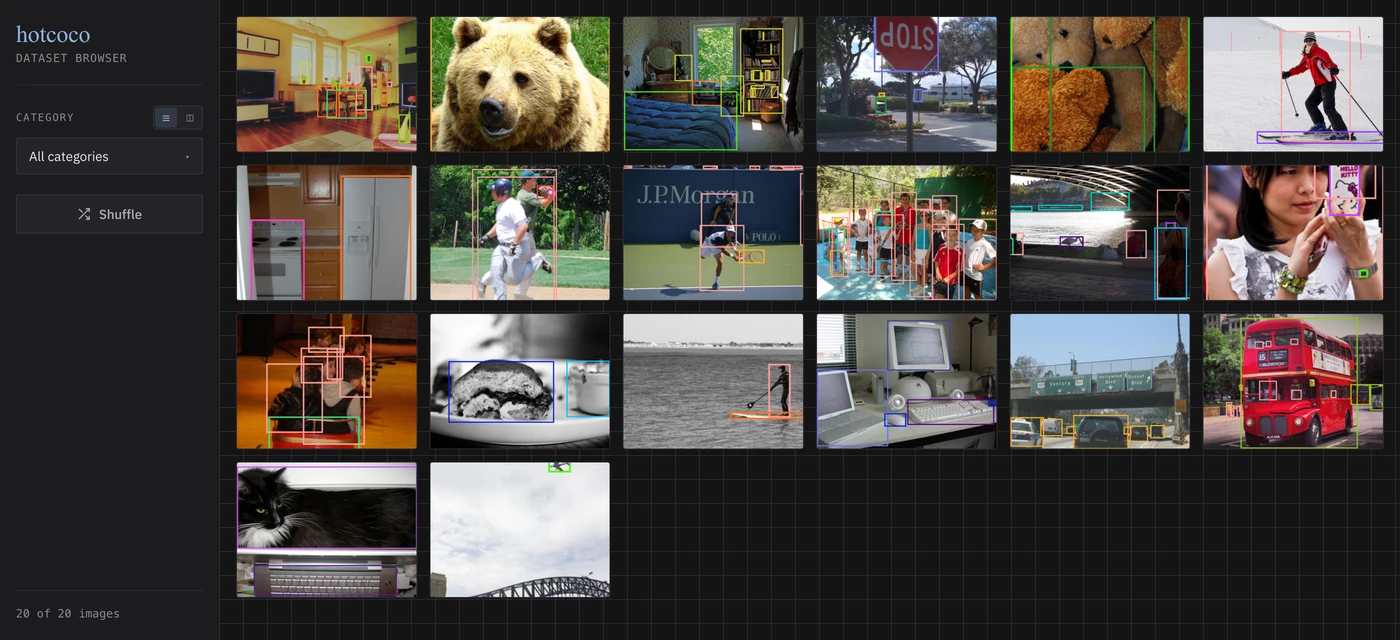 The hotcoco dataset browser: a category filter sidebar beside a grid of thumbnails with colored annotation overlays